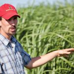 A man in a baseball cap standing in front of tall grass.