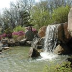 A small waterfall leading into a pond