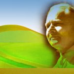 Erwin Milton's face set on an animated background of a farm field as well as a barn