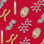 Illustrations of cells, chromosomes, DNA double-helix, test tubes