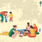 An illustration shows families in a wooded setting. The people and animals are depicted in bright colors and the trees and other plants are a single light shade of gray.