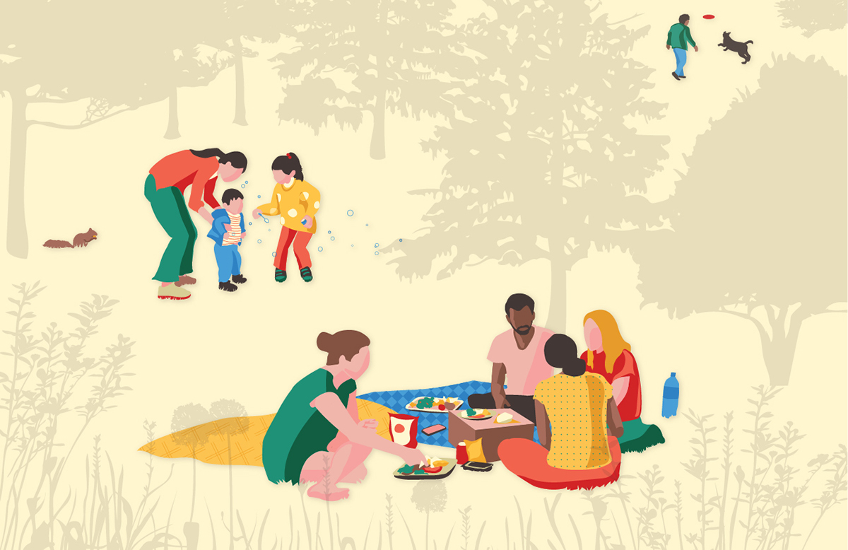 An illustration shows families in a wooded setting. The people and animals are depicted in bright colors and the trees and other plants are a single light shade of gray.