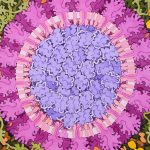 A watercolor painting of the novel coronavirus SARS-CoV-2. depicted in vivid pinks and purples against a bright green and yellow background.