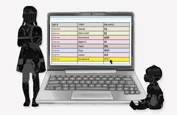 An illustration of a baby sitting in front of a laptop with a spreadsheet of a farm's finances. 