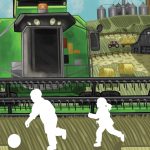 An illustration of children running around and playing on a farm.