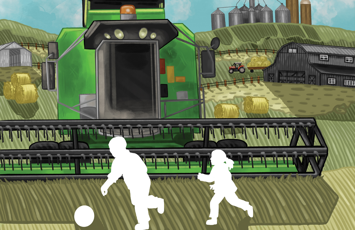 An illustration of children running around and playing on a farm.