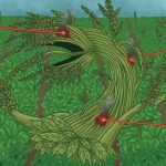 An illustration of a weed monster in a field that's being attacked by three lasers.