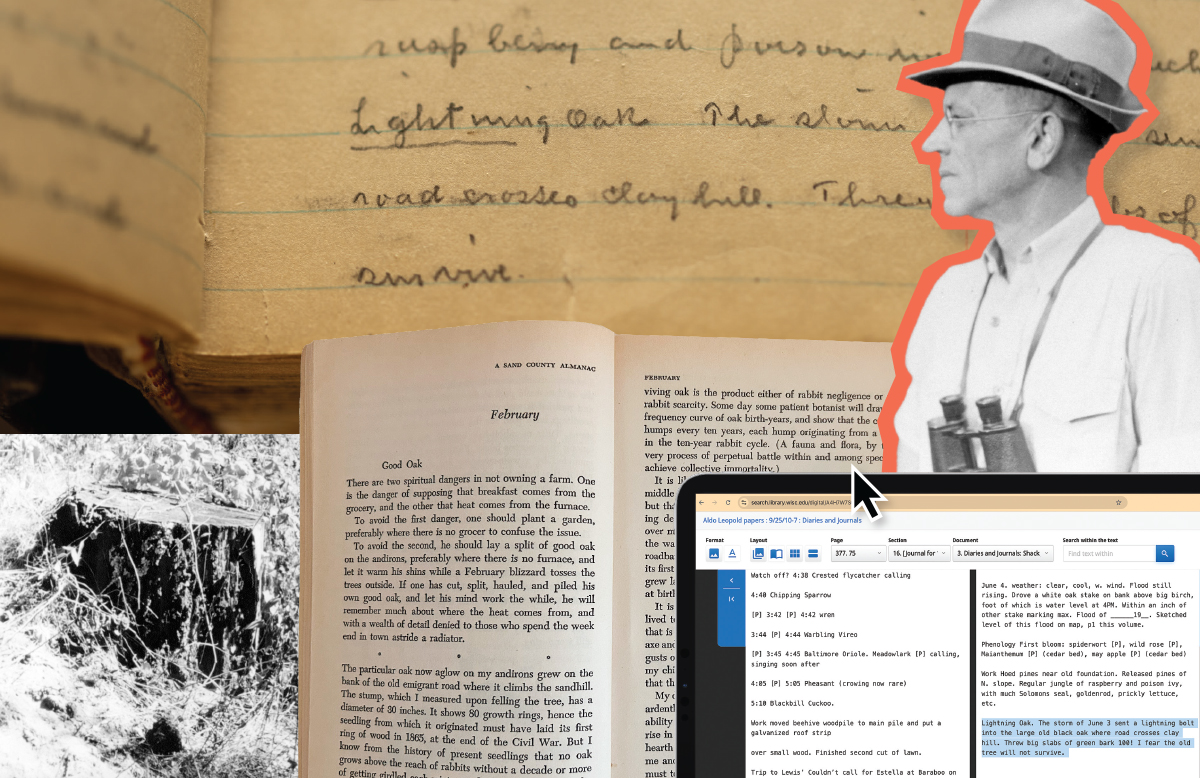 A collage of journal pages, a laptop, nature, and Leopold's Almanac.