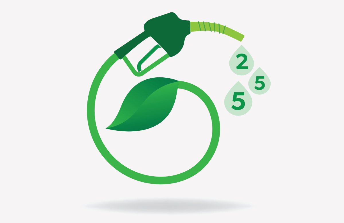 An illustration of a tube that's a gas pump on one side and a vine with a leaf on the other.
