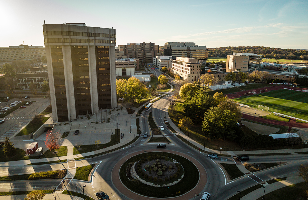 A view from high in the sky of the tall UW Hospital complex.