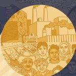 An illustration of a group of people gathered with an industrial city in the background. A large spotlight shines on the center of the group of people.