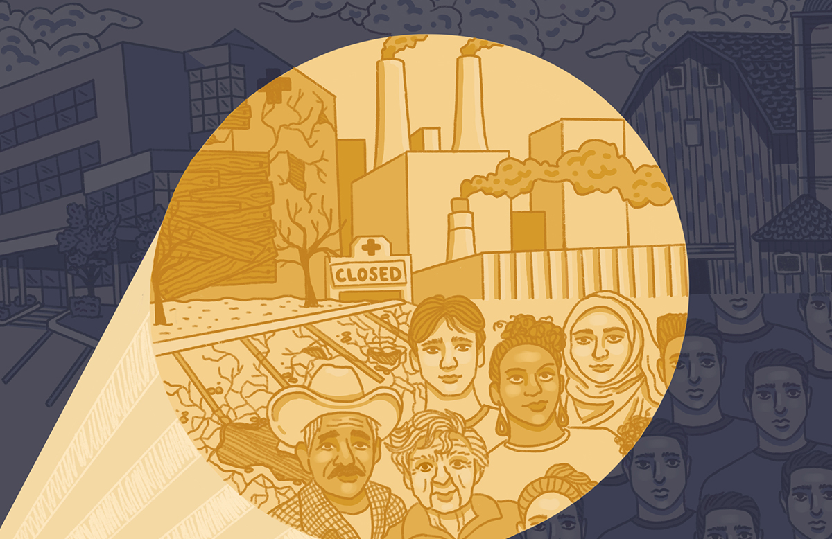 An illustration of a group of people gathered with an industrial city in the background. A large spotlight shines on the center of the group of people.