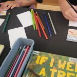 A close up of students using colored pencils to dram landscapes on notecards.