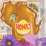 An illustration of a jar of honey. The jar is shaped like the state of Wisconsin. At the bottom of the is full of flowers. Behind the jar of honey are boxes of bee hives. Flying around these elements are honey bees.
