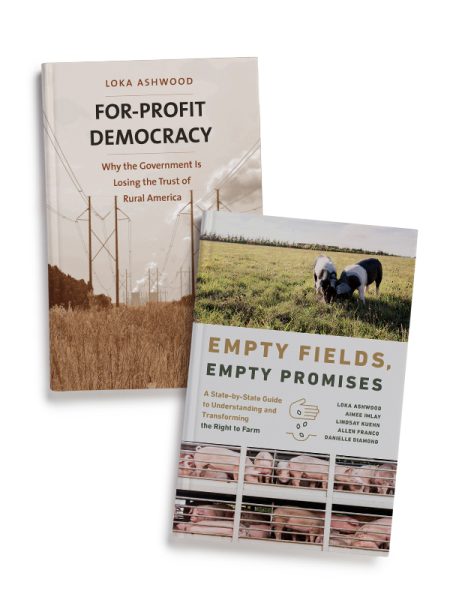 the covers of two books; "For Profit Democracy" and "Empty Fields, Empty Promises" 