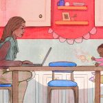 An illistration of a mother and her baby. They sit on either side of a dinner table from each other. The baby smiles in her high chair and colors with crayons. The mother sits working at her laptop.