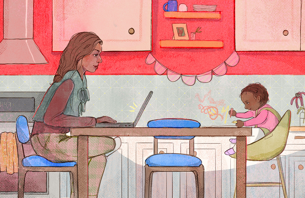 An illistration of a mother and her baby. They sit on either side of a dinner table from each other. The baby smiles in her high chair and colors with crayons. The mother sits working at her laptop.