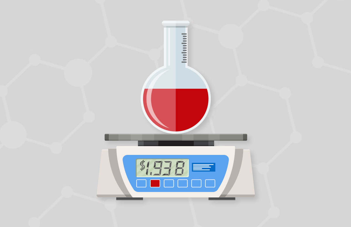 An illustration of a beaker sitting on a scale that reads "$1.93B".